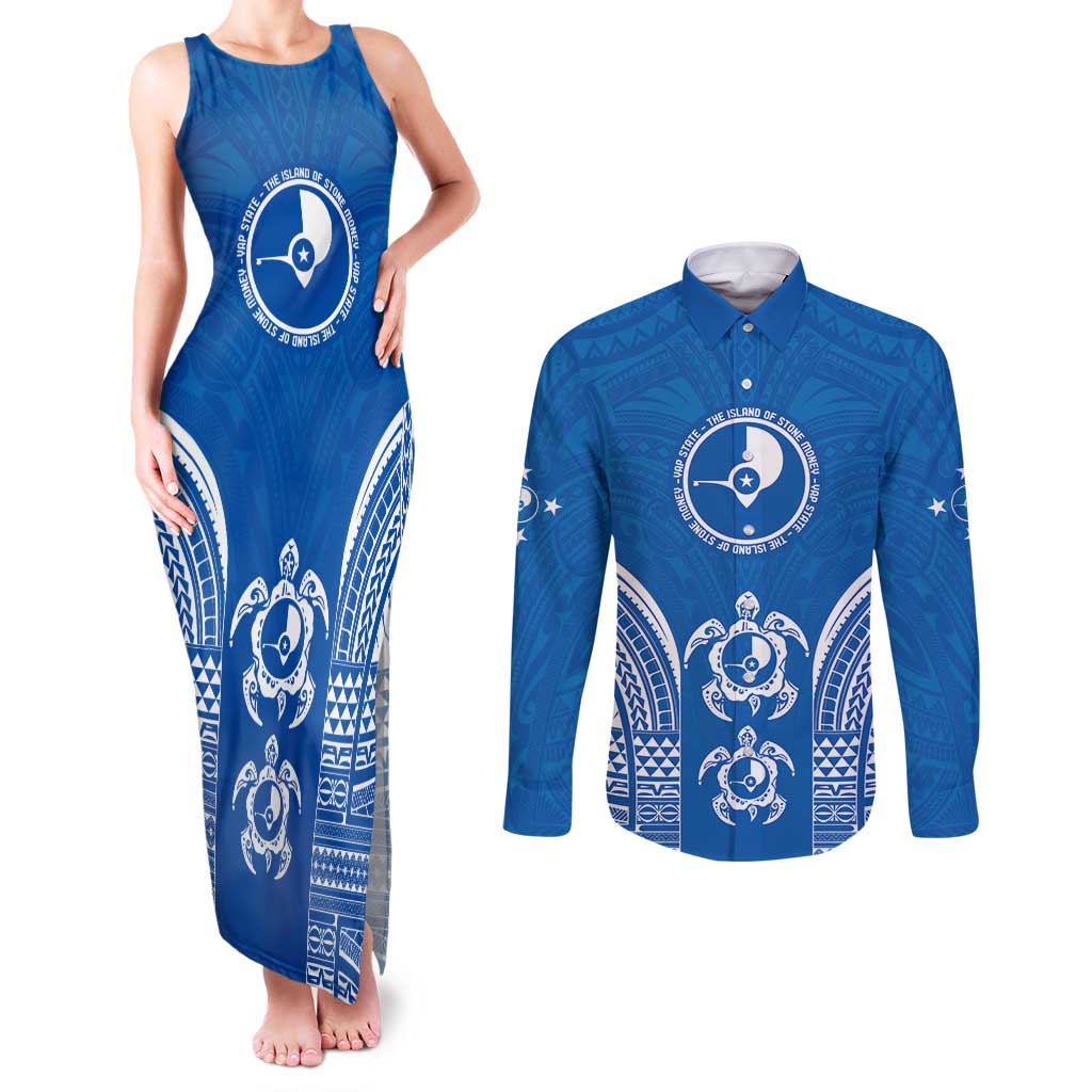 FSM Yap States Couples Matching Tank Maxi Dress and Long Sleeve Button Shirt Micronesia Six 9 One Polynesian Tribal Pattern