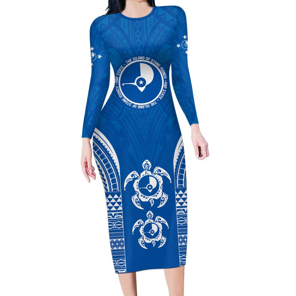 FSM Yap States Family Matching Long Sleeve Bodycon Dress and Hawaiian Shirt Micronesia Six 9 One Polynesian Tribal Pattern LT9 Mom's Dress Blue - Polynesian Pride