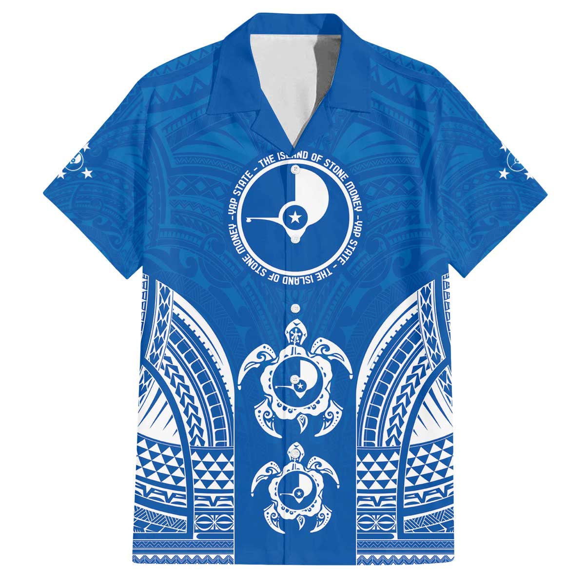 FSM Yap States Family Matching Off The Shoulder Long Sleeve Dress and Hawaiian Shirt Micronesia Six 9 One Polynesian Tribal Pattern LT9 Dad's Shirt - Short Sleeve Blue - Polynesian Pride
