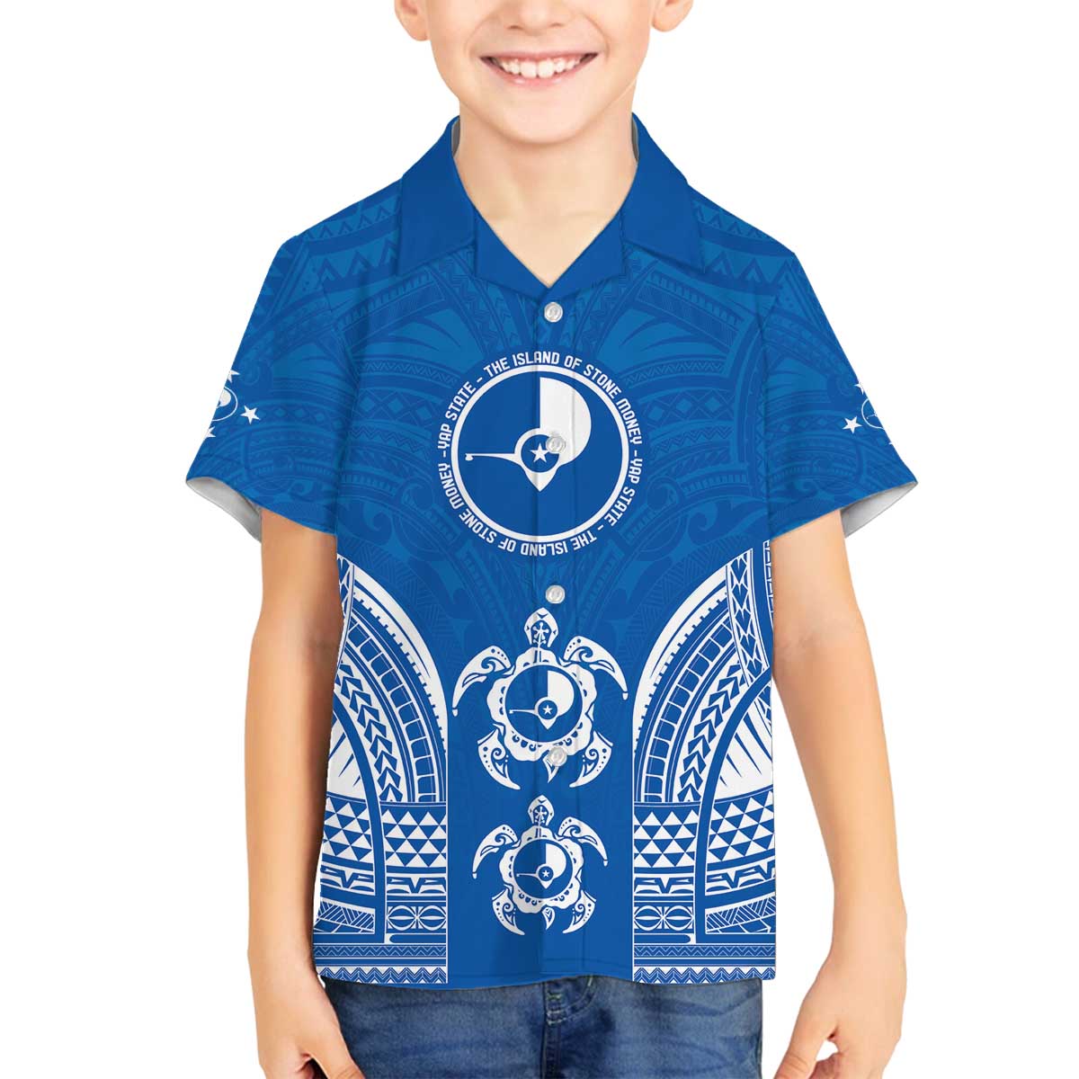 FSM Yap States Family Matching Off The Shoulder Long Sleeve Dress and Hawaiian Shirt Micronesia Six 9 One Polynesian Tribal Pattern LT9 Son's Shirt Blue - Polynesian Pride