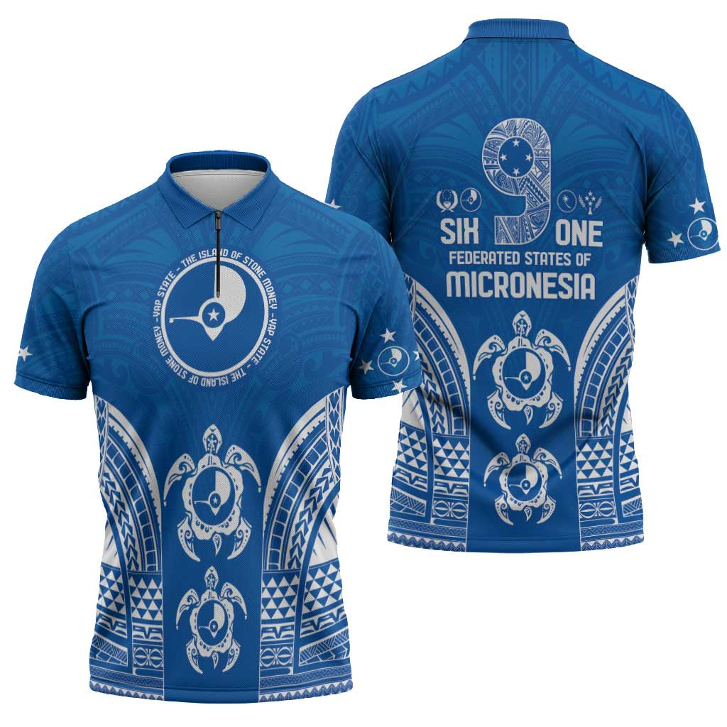FSM Yap States Zipper Polo Shirt Micronesia Six 9 One Polynesian Tribal Pattern - Polynesian Pride