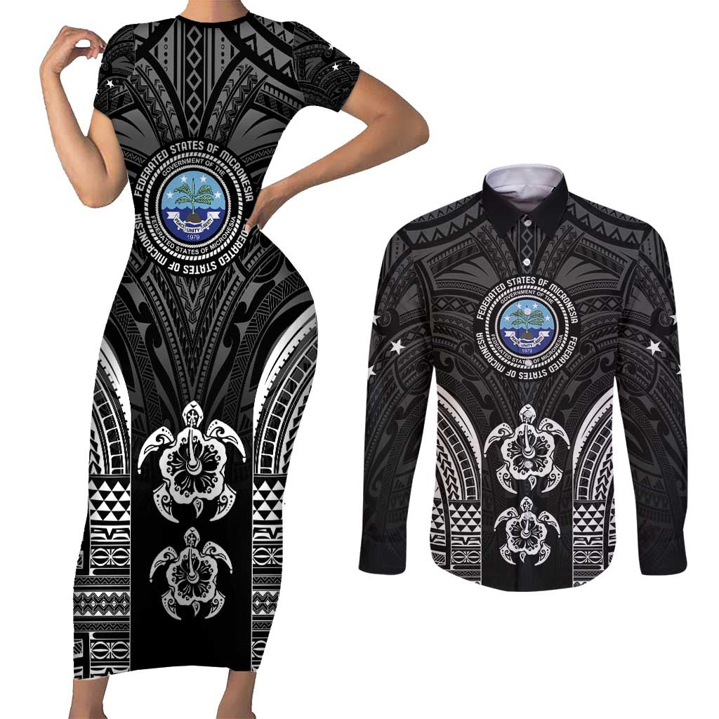 FSM Micronesia Six 9 One Couples Matching Short Sleeve Bodycon Dress and Long Sleeve Button Shirt Polynesian Tribal Pattern LT9 Black - Polynesian Pride