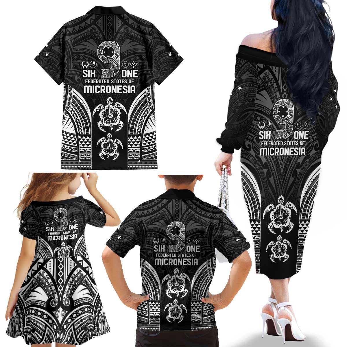 FSM Micronesia Six 9 One Family Matching Off The Shoulder Long Sleeve Dress and Hawaiian Shirt Polynesian Tribal Pattern