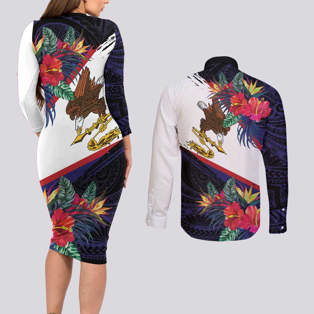 American Samoa Flag Day Since 1900 Couples Matching Long Sleeve Bodycon Dress and Long Sleeve Button Shirt Samoa Muamua Le Atua Tropical Flowers