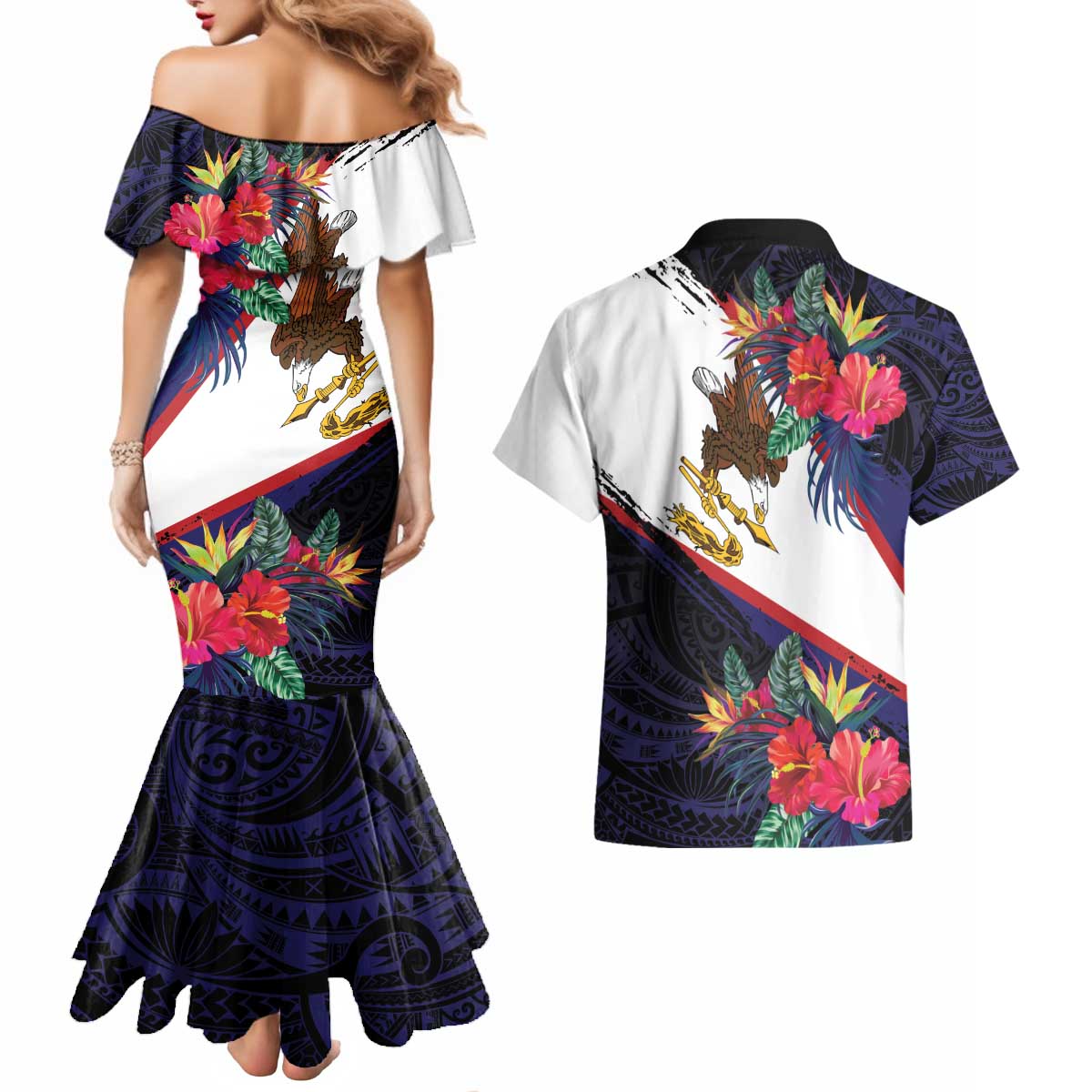 American Samoa Flag Day Since 1900 Couples Matching Mermaid Dress and Hawaiian Shirt Samoa Muamua Le Atua Tropical Flowers
