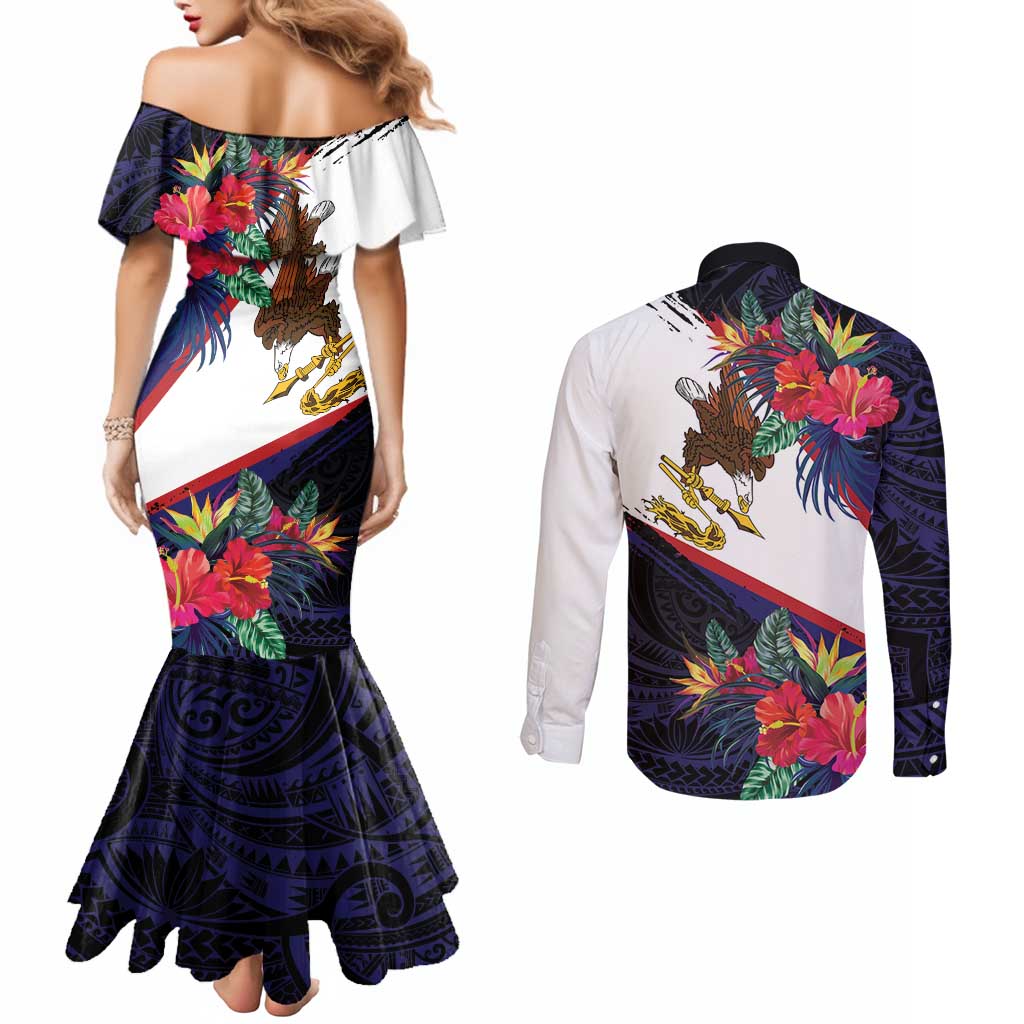 American Samoa Flag Day Since 1900 Couples Matching Mermaid Dress and Long Sleeve Button Shirt Samoa Muamua Le Atua Tropical Flowers