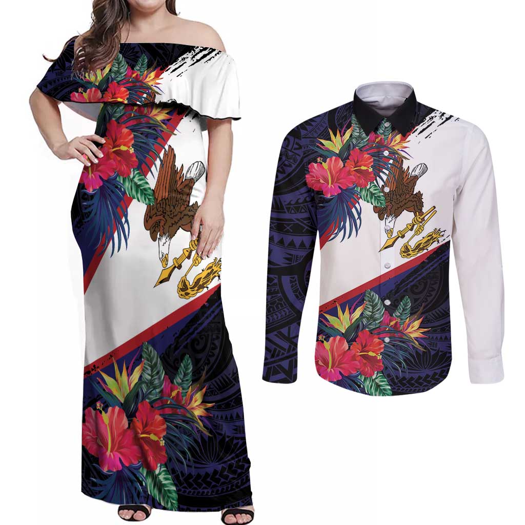 American Samoa Flag Day Since 1900 Couples Matching Off Shoulder Maxi Dress and Long Sleeve Button Shirt Samoa Muamua Le Atua Tropical Flowers