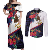 American Samoa Flag Day Since 1900 Couples Matching Off Shoulder Maxi Dress and Long Sleeve Button Shirt Samoa Muamua Le Atua Tropical Flowers