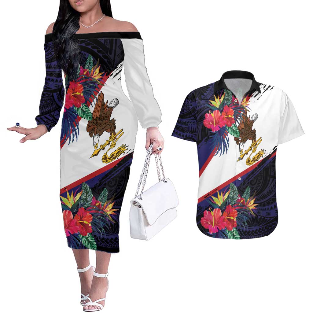 American Samoa Flag Day Since 1900 Couples Matching Off The Shoulder Long Sleeve Dress and Hawaiian Shirt Samoa Muamua Le Atua Tropical Flowers