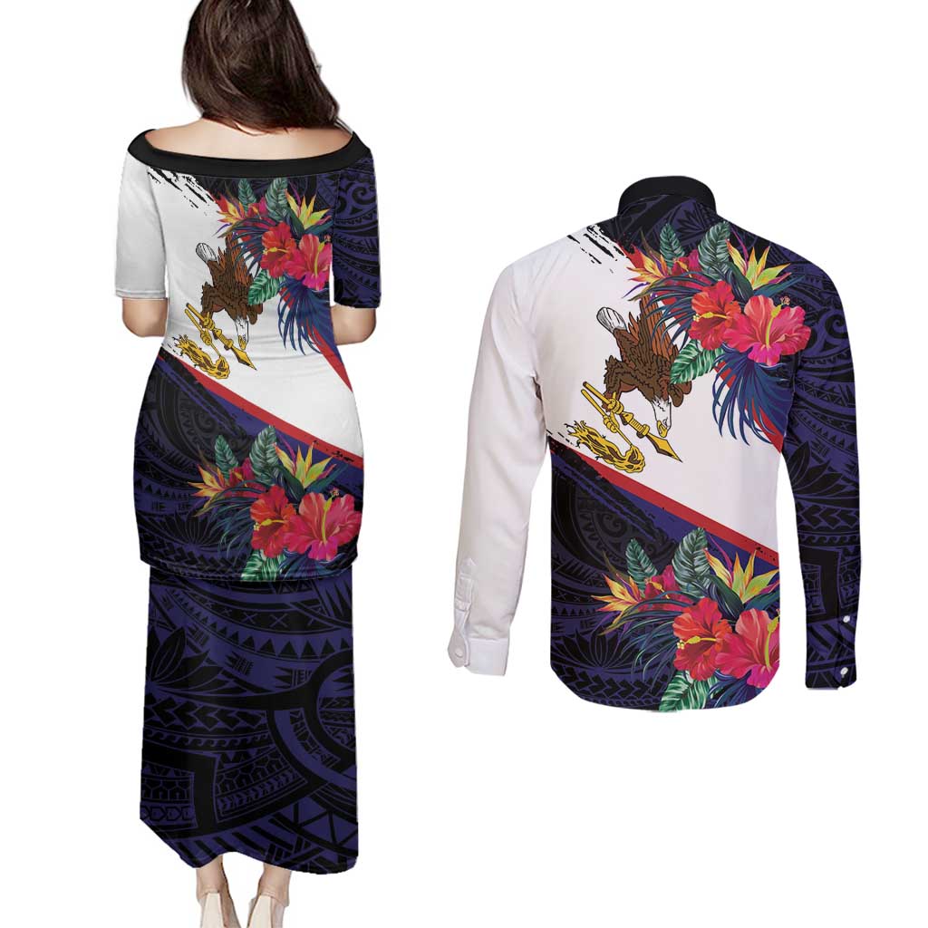 American Samoa Flag Day Since 1900 Couples Matching Puletasi and Long Sleeve Button Shirt Samoa Muamua Le Atua Tropical Flowers