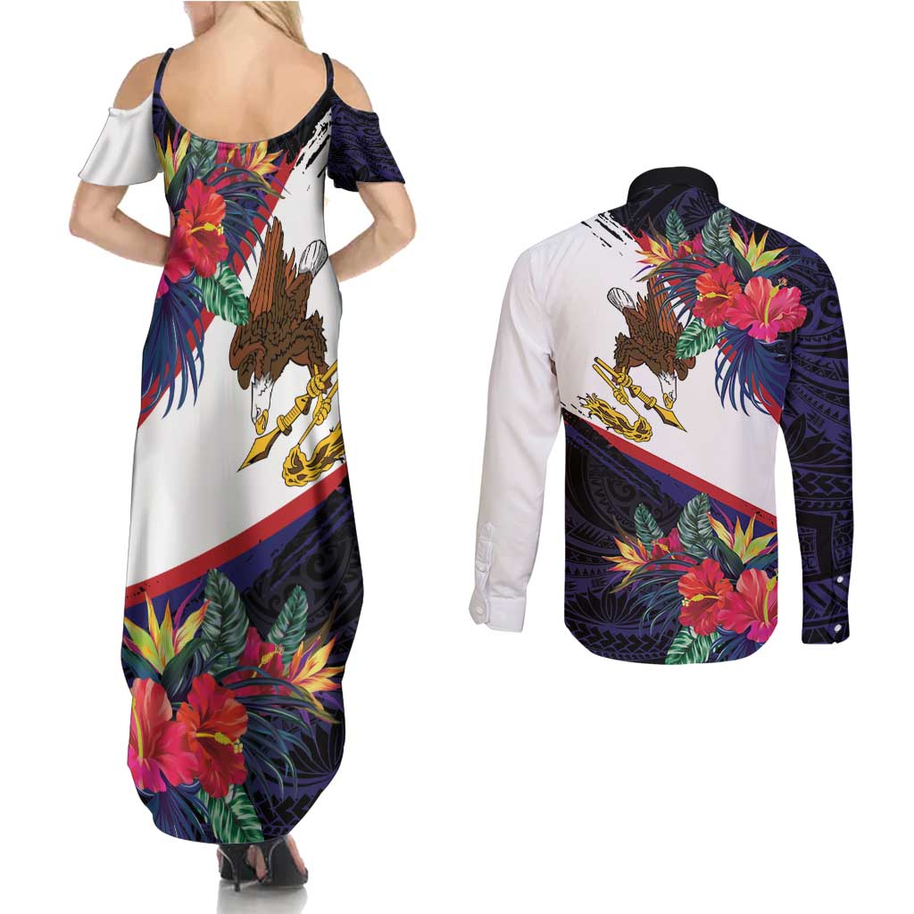American Samoa Flag Day Since 1900 Couples Matching Summer Maxi Dress and Long Sleeve Button Shirt Samoa Muamua Le Atua Tropical Flowers