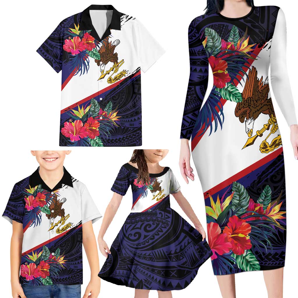 American Samoa Flag Day Since 1900 Family Matching Long Sleeve Bodycon Dress and Hawaiian Shirt Samoa Muamua Le Atua Tropical Flowers LT9 - Polynesian Pride