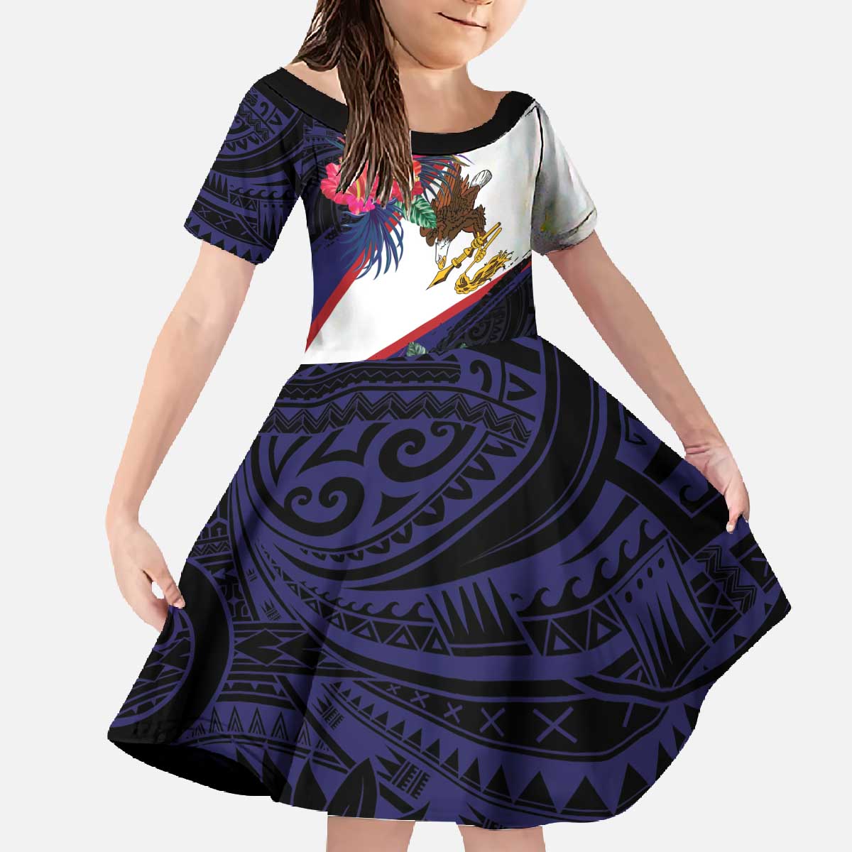 American Samoa Flag Day Since 1900 Family Matching Off The Shoulder Long Sleeve Dress and Hawaiian Shirt Samoa Muamua Le Atua Tropical Flowers LT9 Daughter's Dress Blue - Polynesian Pride
