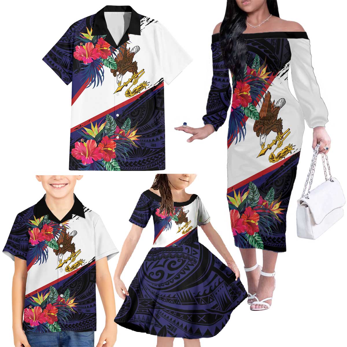 American Samoa Flag Day Since 1900 Family Matching Off The Shoulder Long Sleeve Dress and Hawaiian Shirt Samoa Muamua Le Atua Tropical Flowers LT9 - Polynesian Pride