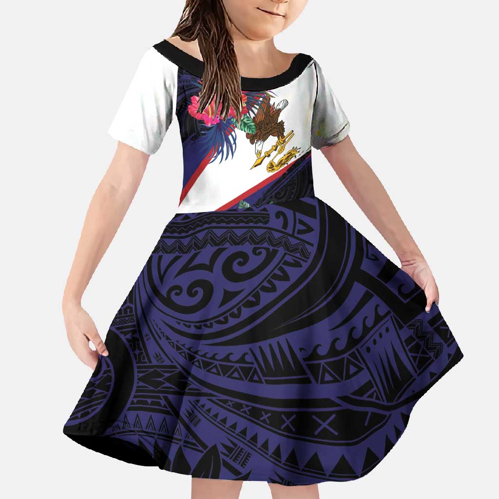 American Samoa Flag Day Since 1900 Family Matching Off Shoulder Maxi Dress and Hawaiian Shirt Samoa Muamua Le Atua Tropical Flowers LT9 Daughter's Dress Blue - Polynesian Pride