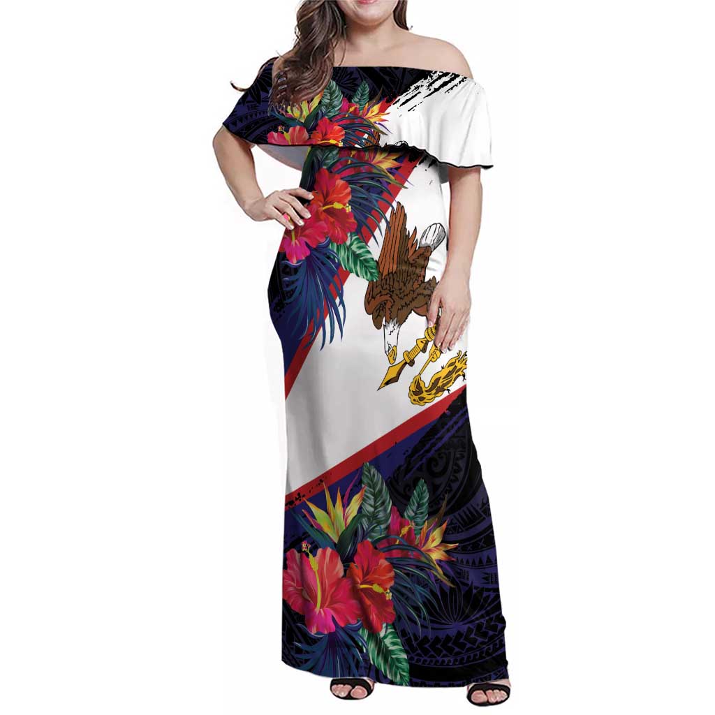 American Samoa Flag Day Since 1900 Family Matching Off Shoulder Maxi Dress and Hawaiian Shirt Samoa Muamua Le Atua Tropical Flowers LT9 Mom's Dress Blue - Polynesian Pride