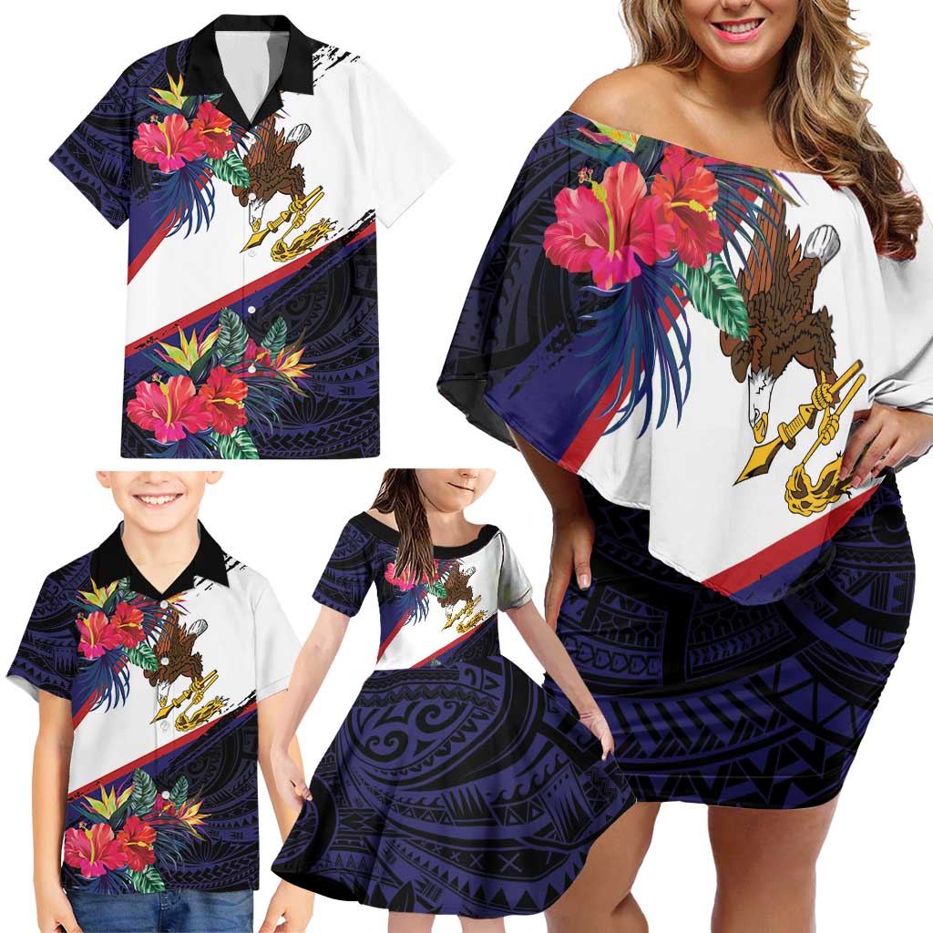 American Samoa Flag Day Since 1900 Family Matching Off Shoulder Short Dress and Hawaiian Shirt Samoa Muamua Le Atua Tropical Flowers LT9 - Polynesian Pride