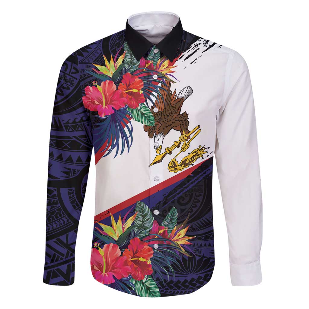 American Samoa Flag Day Since 1900 Family Matching Puletasi and Hawaiian Shirt Samoa Muamua Le Atua Tropical Flowers LT9 Dad's Shirt - Long Sleeve Blue - Polynesian Pride