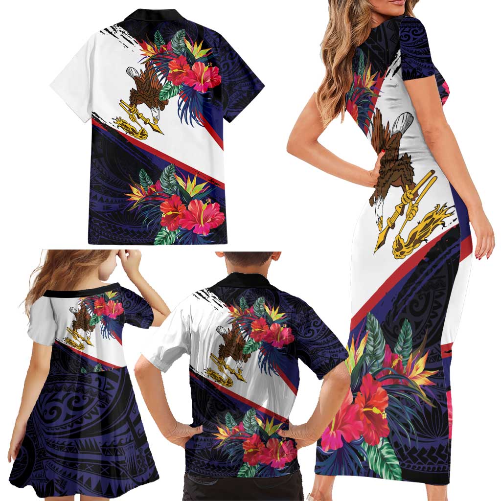 American Samoa Flag Day Since 1900 Family Matching Short Sleeve Bodycon Dress and Hawaiian Shirt Samoa Muamua Le Atua Tropical Flowers LT9 - Polynesian Pride