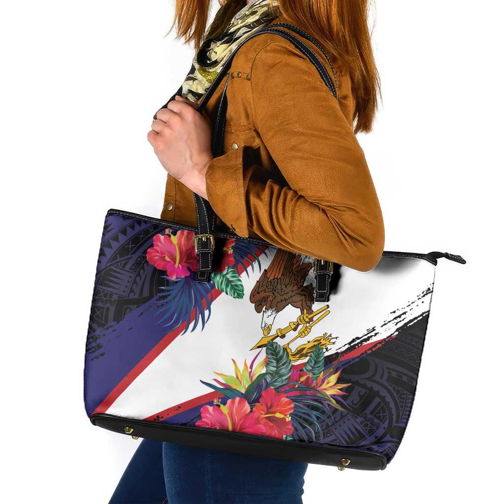 American Samoa Flag Day Since 1900 Leather Tote Bag Samoa Muamua Le Atua Tropical Flowers