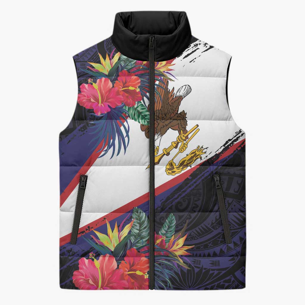 American Samoa Flag Day Since 1900 Sleeveless Puffer Jacket Samoa Muamua Le Atua Tropical Flowers LT9 Unisex Blue - Polynesian Pride