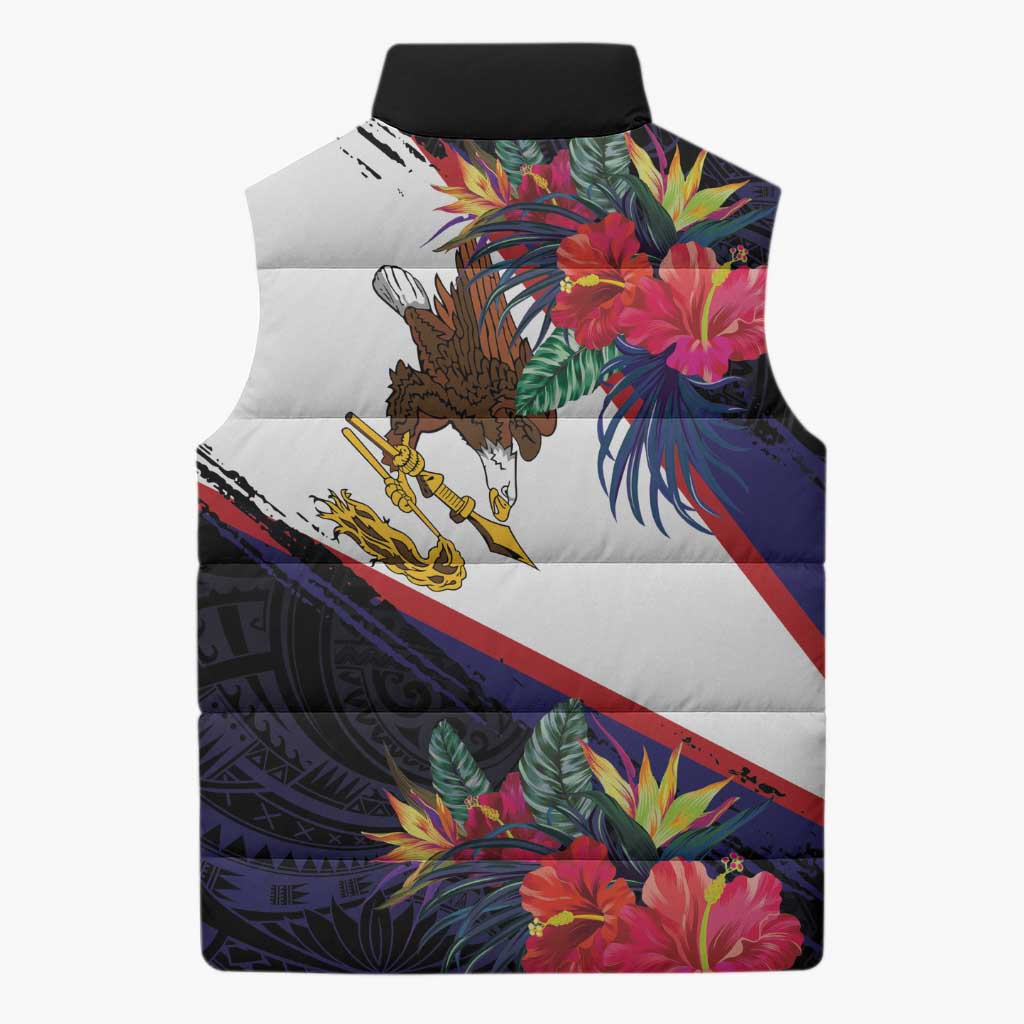 American Samoa Flag Day Since 1900 Sleeveless Puffer Jacket Samoa Muamua Le Atua Tropical Flowers LT9 - Polynesian Pride