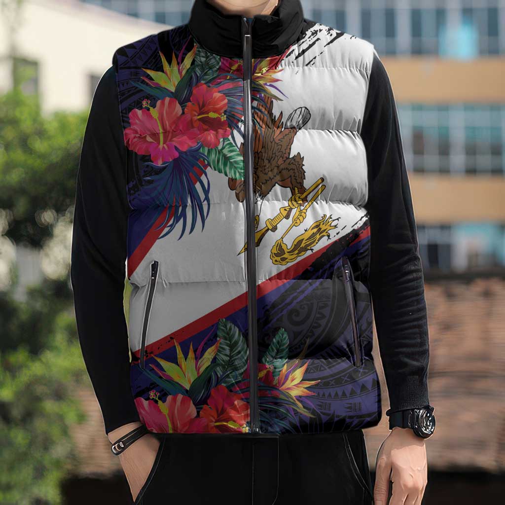 American Samoa Flag Day Since 1900 Sleeveless Puffer Jacket Samoa Muamua Le Atua Tropical Flowers LT9 - Polynesian Pride
