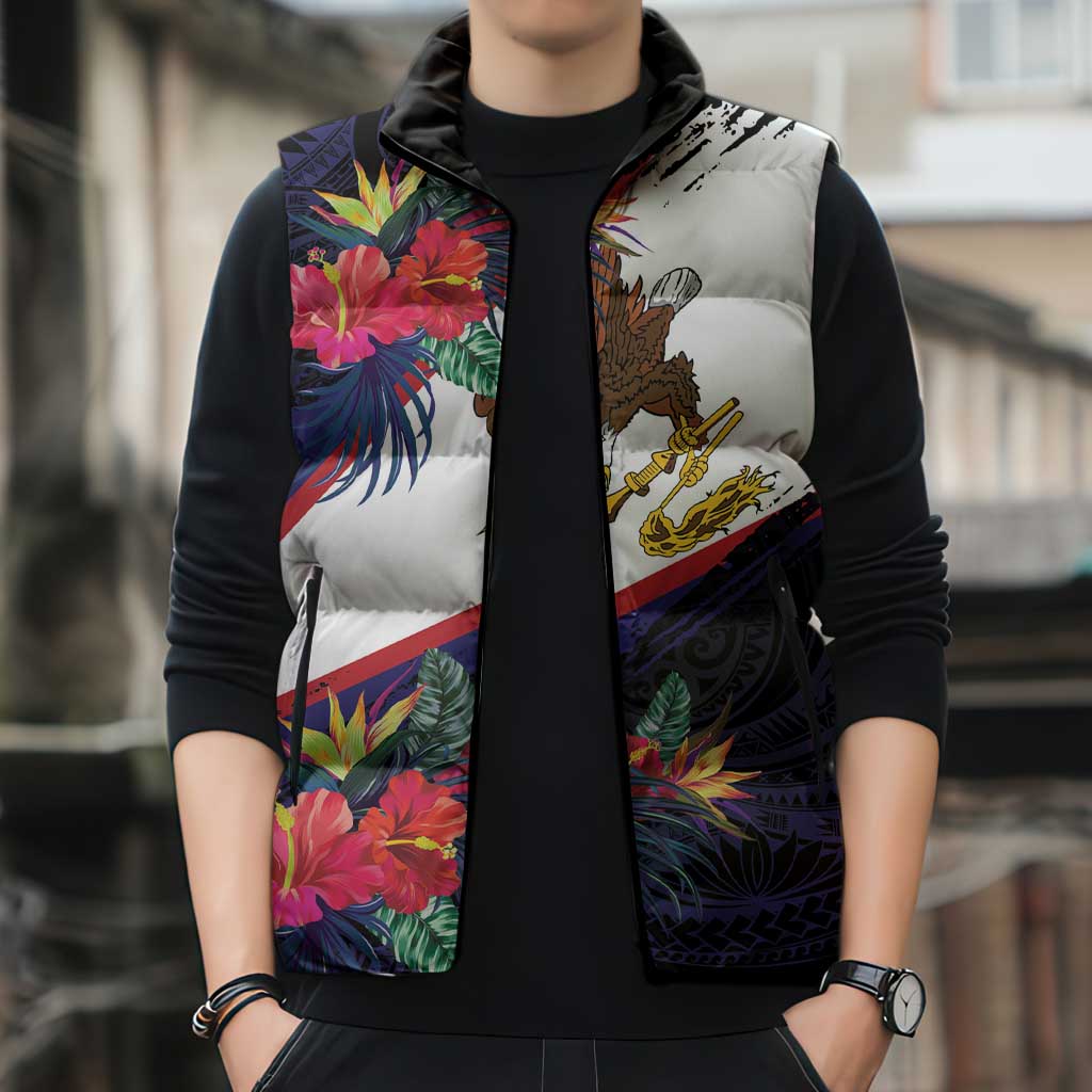 American Samoa Flag Day Since 1900 Sleeveless Puffer Jacket Samoa Muamua Le Atua Tropical Flowers LT9 - Polynesian Pride