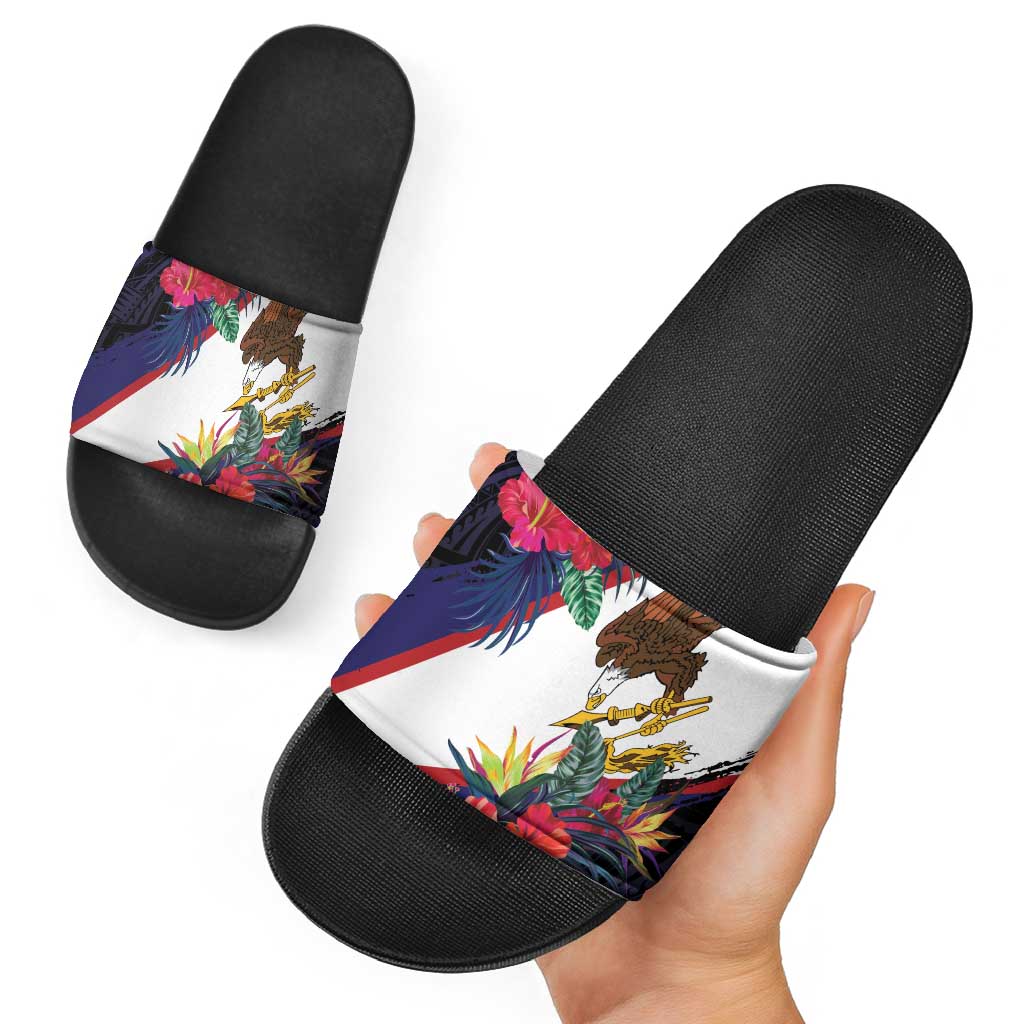American Samoa Flag Day Since 1900 Slide Sandals Samoa Muamua Le Atua Tropical Flowers - Polynesian Pride
