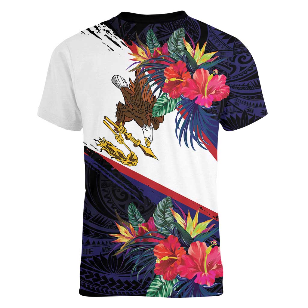 American Samoa Flag Day Since 1900 Women V-Neck T-Shirt Samoa Muamua Le Atua Tropical Flowers
