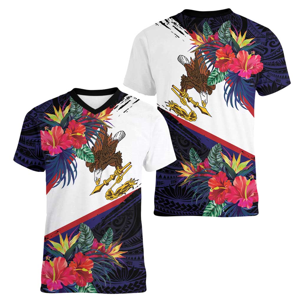 American Samoa Flag Day Since 1900 Women V-Neck T-Shirt Samoa Muamua Le Atua Tropical Flowers