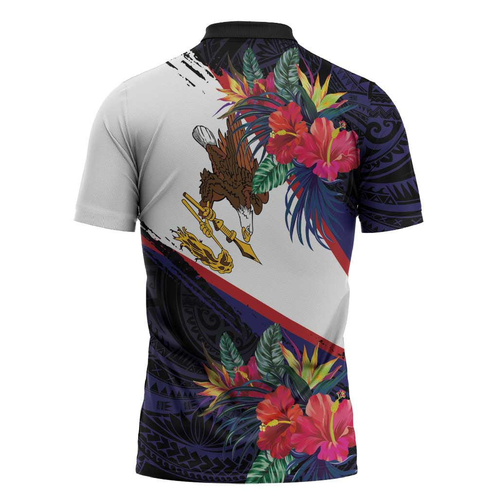 American Samoa Flag Day Since 1900 Zipper Polo Shirt Samoa Muamua Le Atua Tropical Flowers - Polynesian Pride