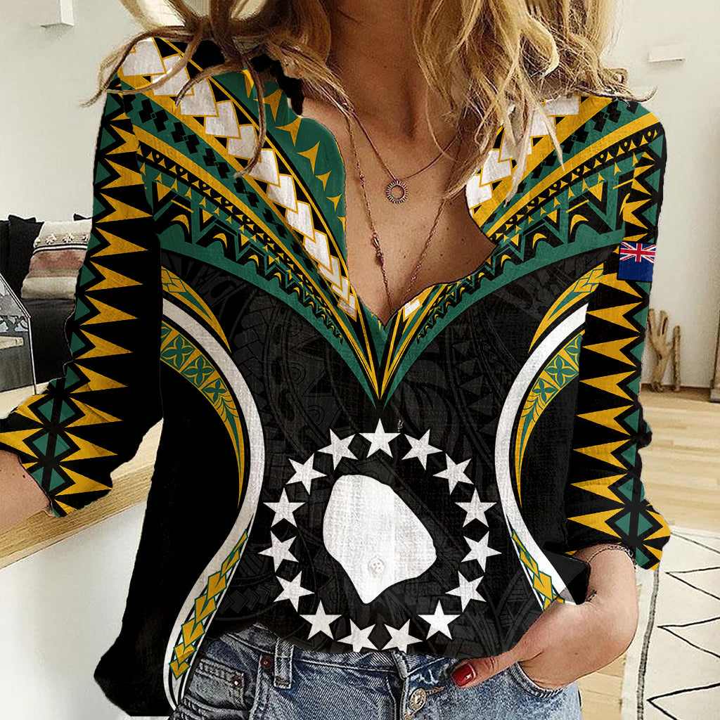 Polynesian Pride Atiu Island Women Casual Shirt Cook Islands Tribal Wave Style LT9 Female Black - Polynesian Pride