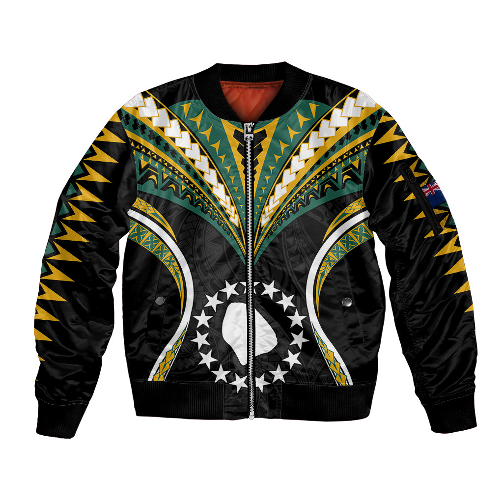 (Personalised) Polynesian Pride Atiu Island Sleeve Zip Bomber Jacket Cook Islands Tribal Wave Style LT9 Unisex Black - Polynesian Pride