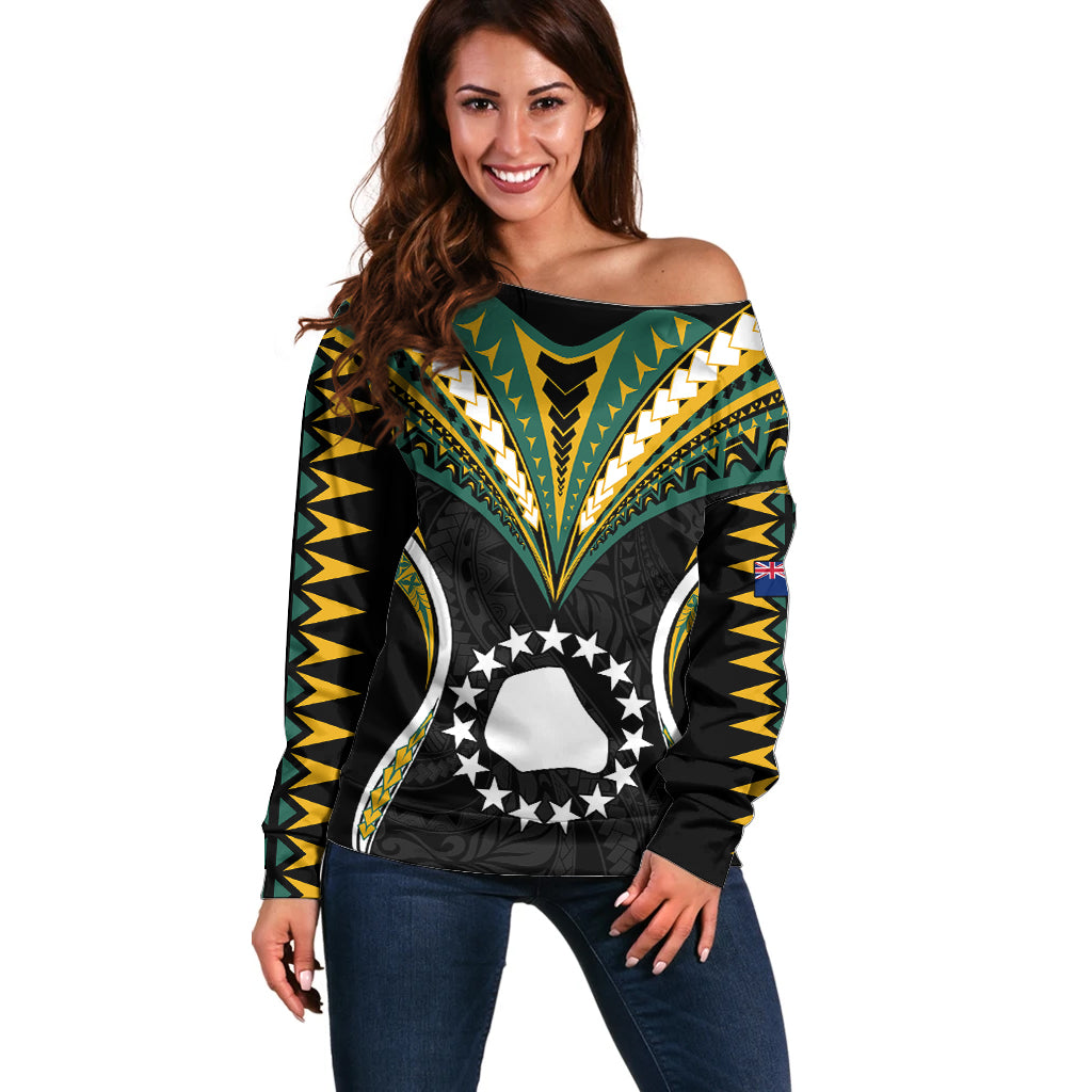 Polynesian Pride Mangaia Island Off Shoulder Sweater Cook Islands Tribal Wave Style LT9 Women Black - Polynesian Pride