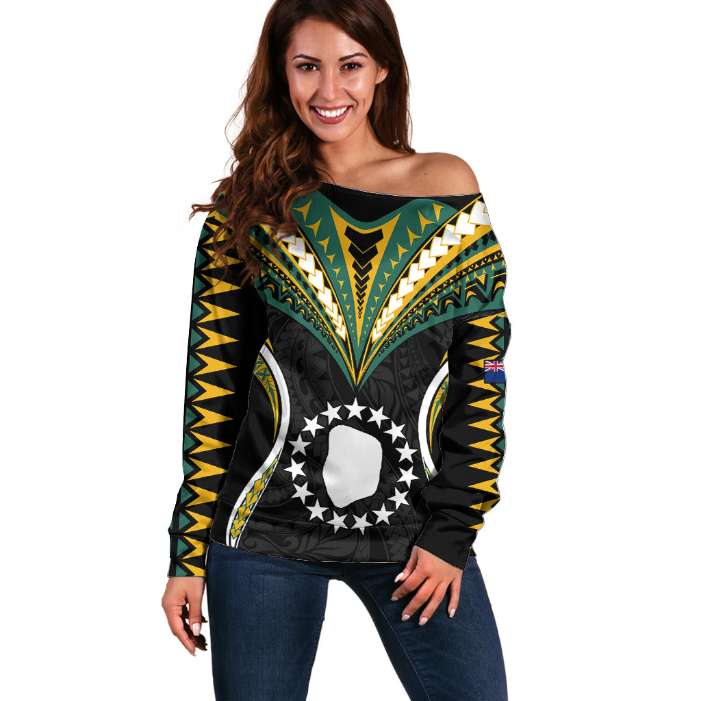 Polynesian Pride Mitiaro Island Off Shoulder Sweater Cook Islands Tribal Wave Style LT9 Women Black - Polynesian Pride