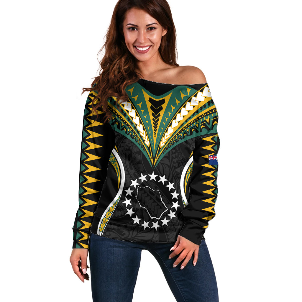 Polynesian Pride Penrhyn Island Off Shoulder Sweater Cook Islands Tribal Wave Style LT9 Women Black - Polynesian Pride