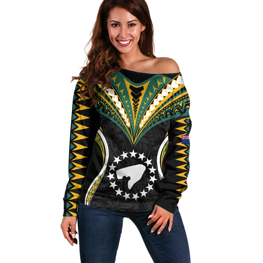 (Personalised) Polynesian Pride Pukapuka Island Off Shoulder Sweater Cook Islands Tribal Wave Style LT9 Women Black - Polynesian Pride
