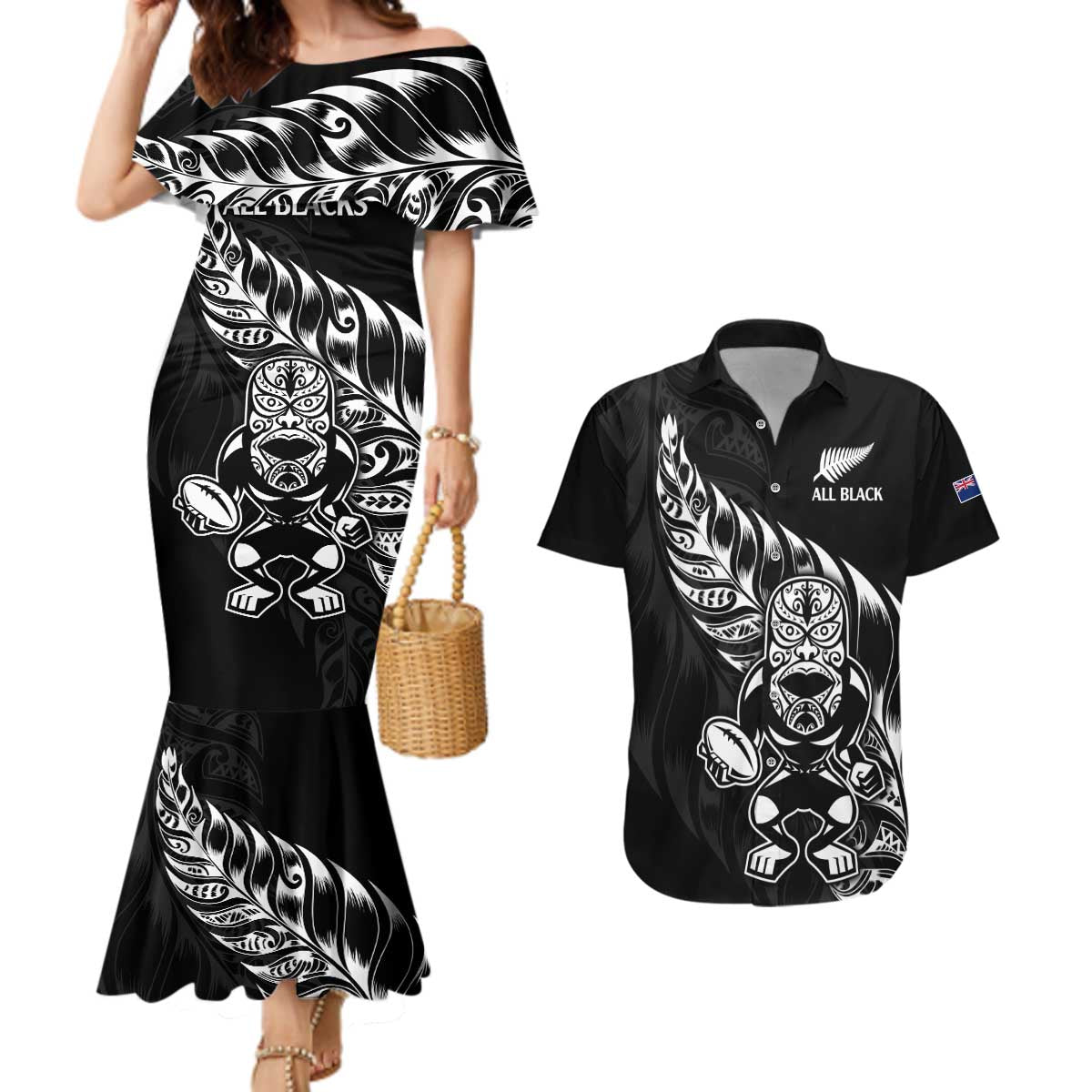 New Zealand Rugby Custom Couples Matching Mermaid Dress and Hawaiian Shirt Opango All Black Fern LT9 Black - Polynesian Pride