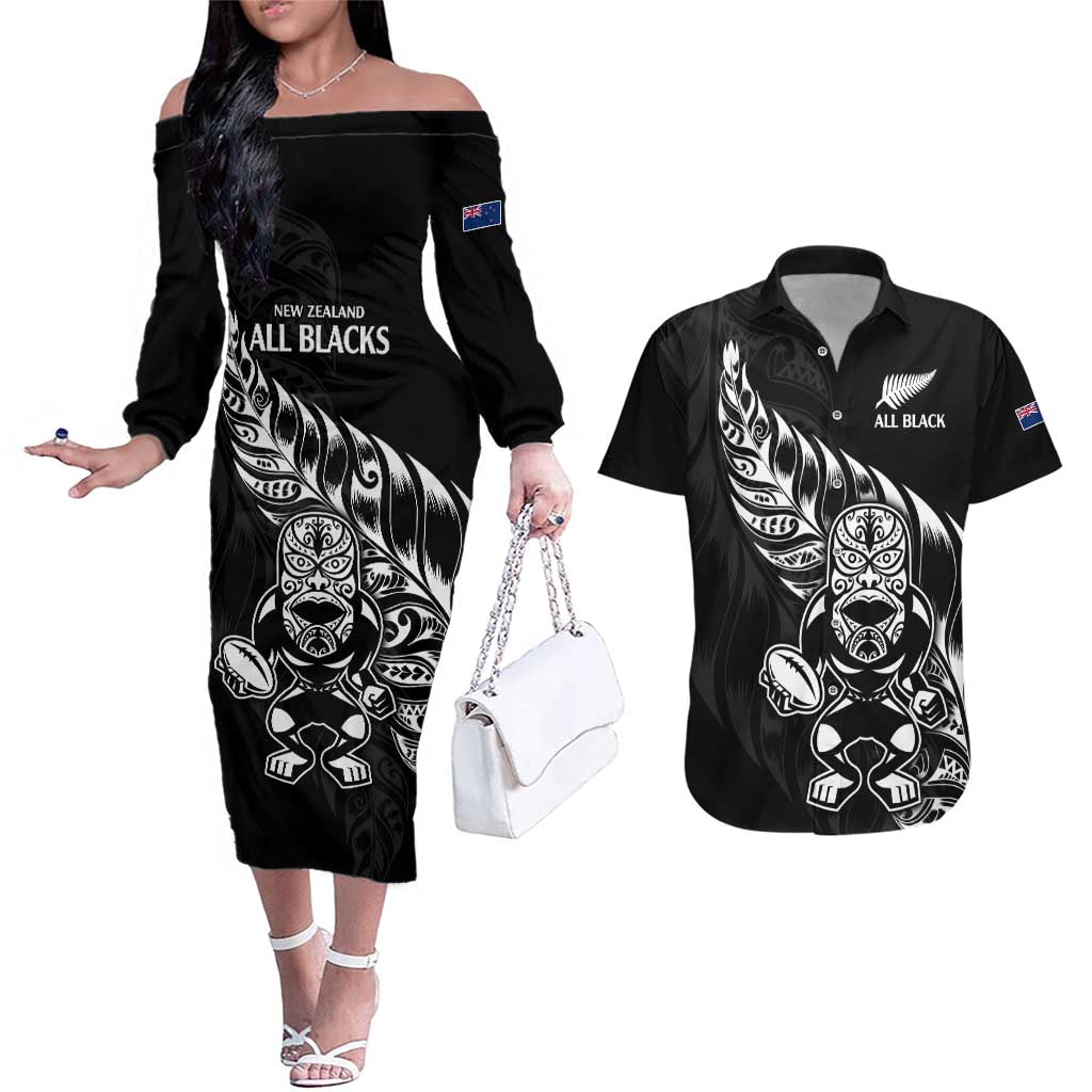 New Zealand Rugby Custom Couples Matching Off The Shoulder Long Sleeve Dress and Hawaiian Shirt Opango All Black Fern LT9 Black - Polynesian Pride
