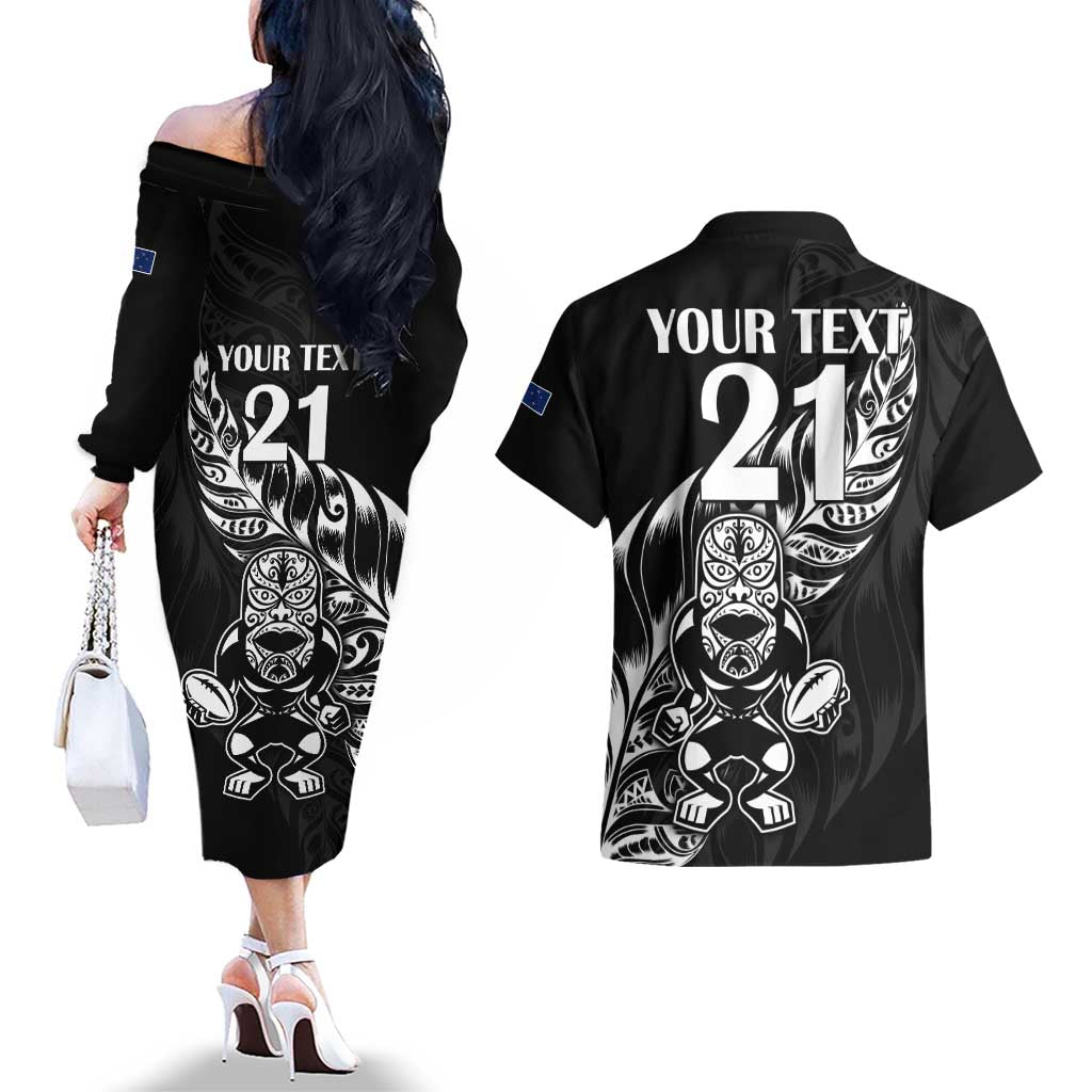 New Zealand Rugby Custom Couples Matching Off The Shoulder Long Sleeve Dress and Hawaiian Shirt Opango All Black Fern LT9 - Polynesian Pride