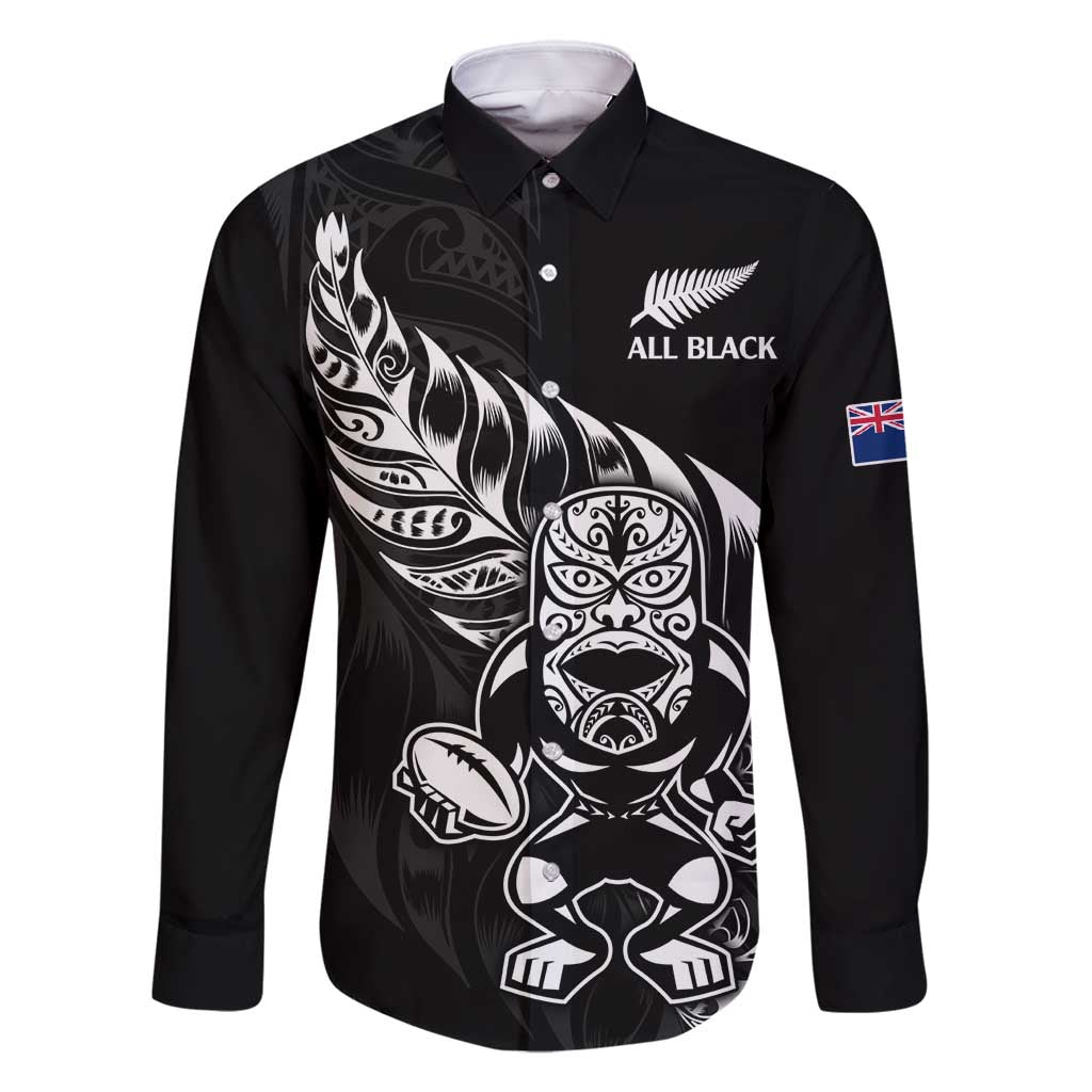 New Zealand Rugby Custom Family Matching Mermaid Dress and Hawaiian Shirt Opango All Black Fern LT9 Dad's Shirt - Long Sleeve Black - Polynesian Pride