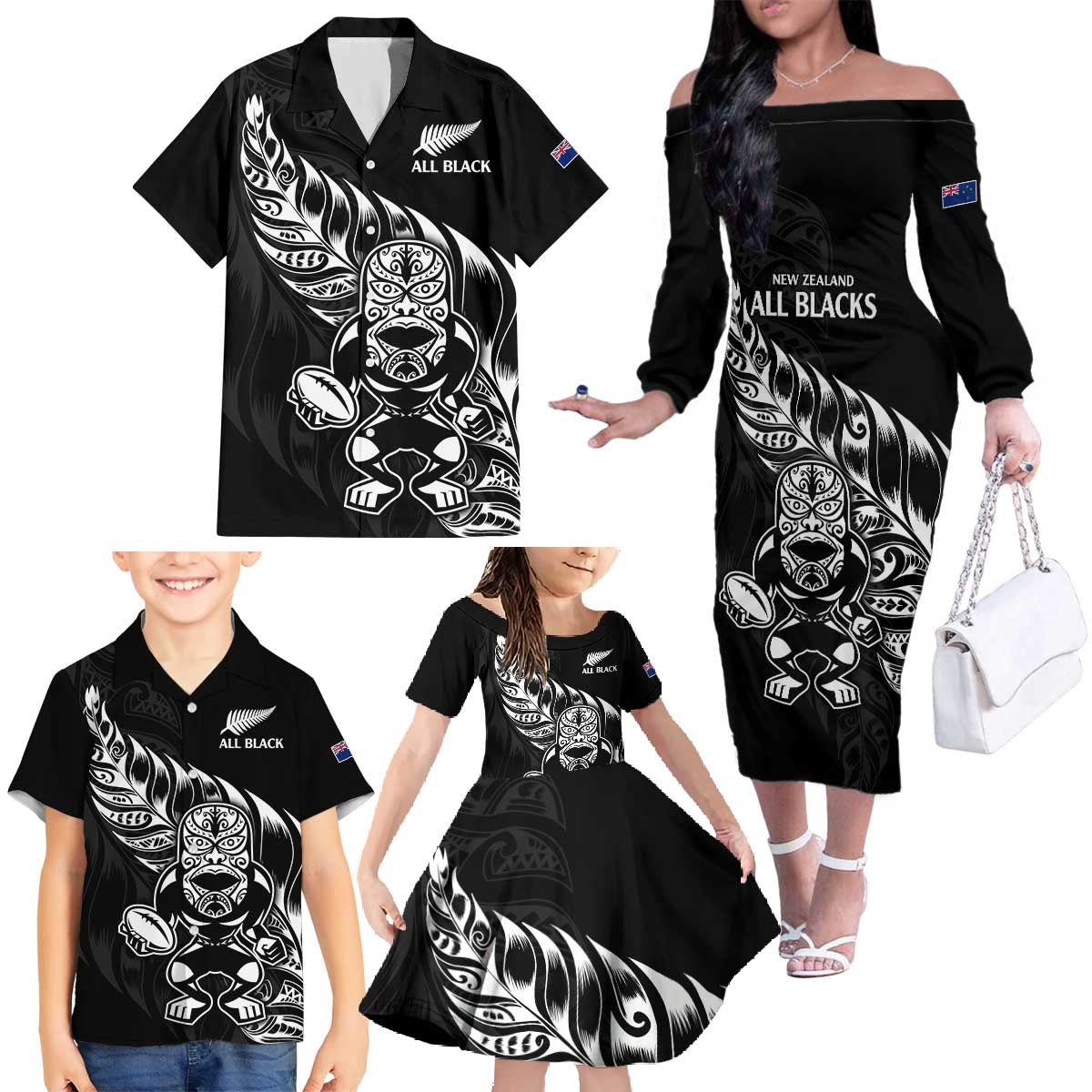 New Zealand Rugby Custom Family Matching Off The Shoulder Long Sleeve Dress and Hawaiian Shirt Opango All Black Fern LT9 - Polynesian Pride