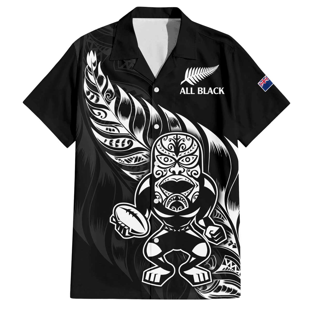New Zealand Rugby Custom Family Matching Off The Shoulder Long Sleeve Dress and Hawaiian Shirt Opango All Black Fern LT9 Dad's Shirt - Short Sleeve Black - Polynesian Pride