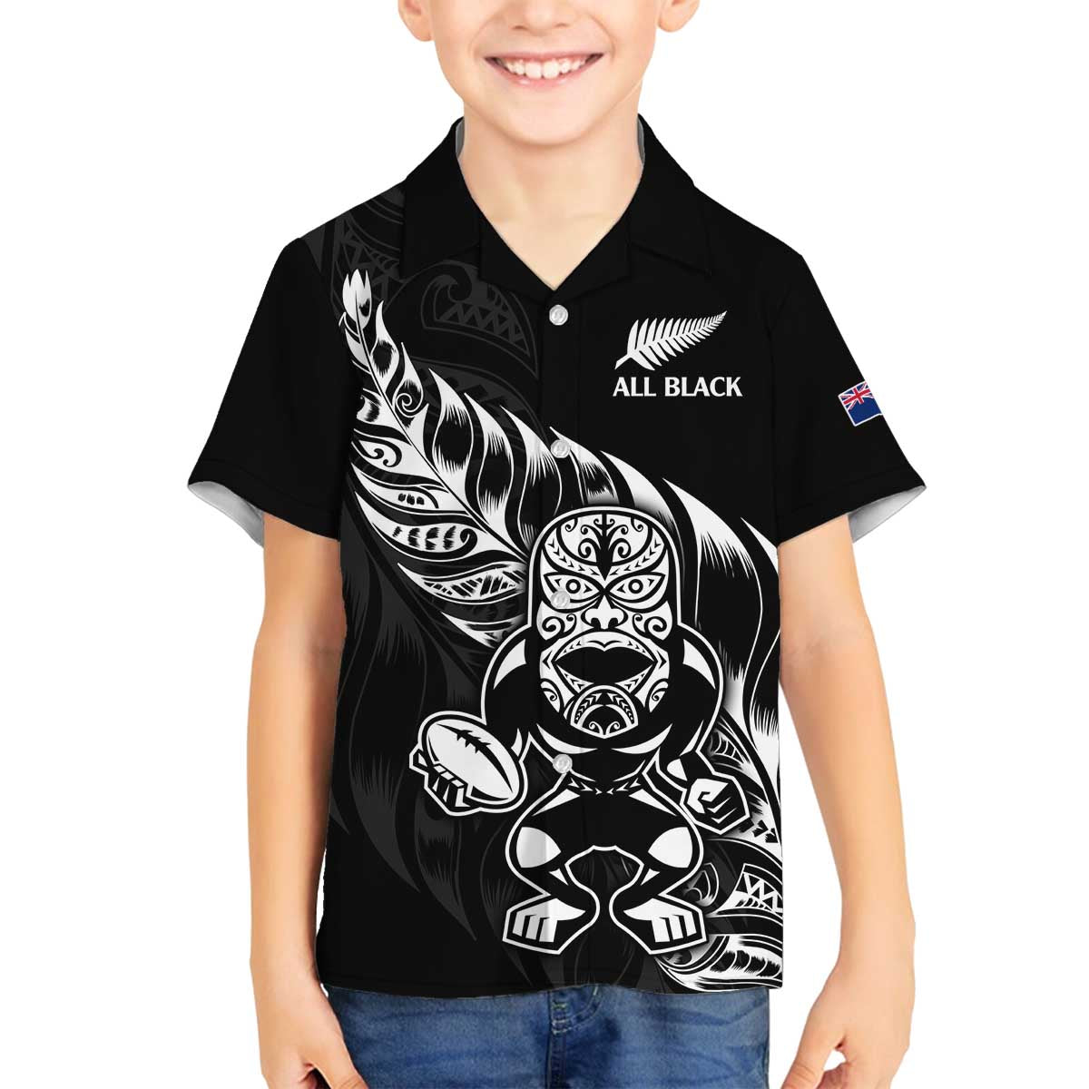 New Zealand Rugby Custom Family Matching Off The Shoulder Long Sleeve Dress and Hawaiian Shirt Opango All Black Fern LT9 Son's Shirt Black - Polynesian Pride