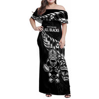 New Zealand Rugby Custom Family Matching Off Shoulder Maxi Dress and Hawaiian Shirt Opango All Black Fern LT9 Mom's Dress Black - Polynesian Pride