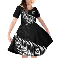 New Zealand Rugby Custom Family Matching Off Shoulder Short Dress and Hawaiian Shirt Opango All Black Fern LT9 Daughter's Dress Black - Polynesian Pride
