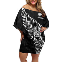 New Zealand Rugby Custom Family Matching Off Shoulder Short Dress and Hawaiian Shirt Opango All Black Fern LT9 Mom's Dress Black - Polynesian Pride