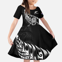 New Zealand Rugby Custom Family Matching Puletasi and Hawaiian Shirt Opango All Black Fern LT9 Daughter's Dress Black - Polynesian Pride
