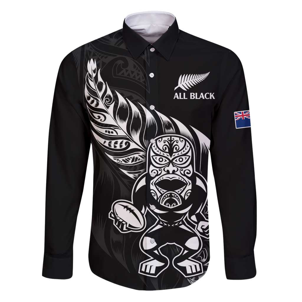 New Zealand Rugby Custom Family Matching Puletasi and Hawaiian Shirt Opango All Black Fern LT9 Dad's Shirt - Long Sleeve Black - Polynesian Pride